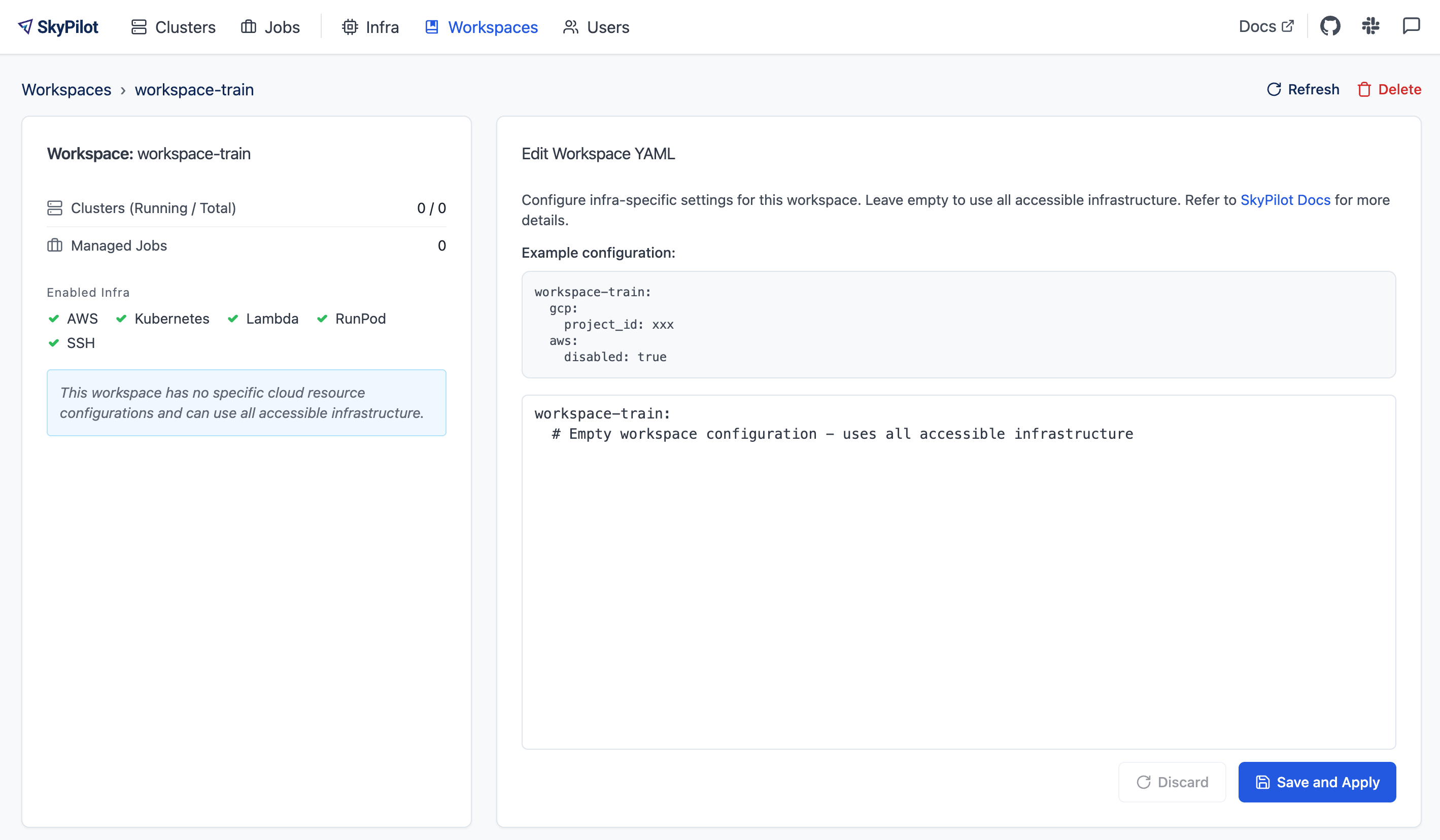 SkyPilot dashboard workspaces edit