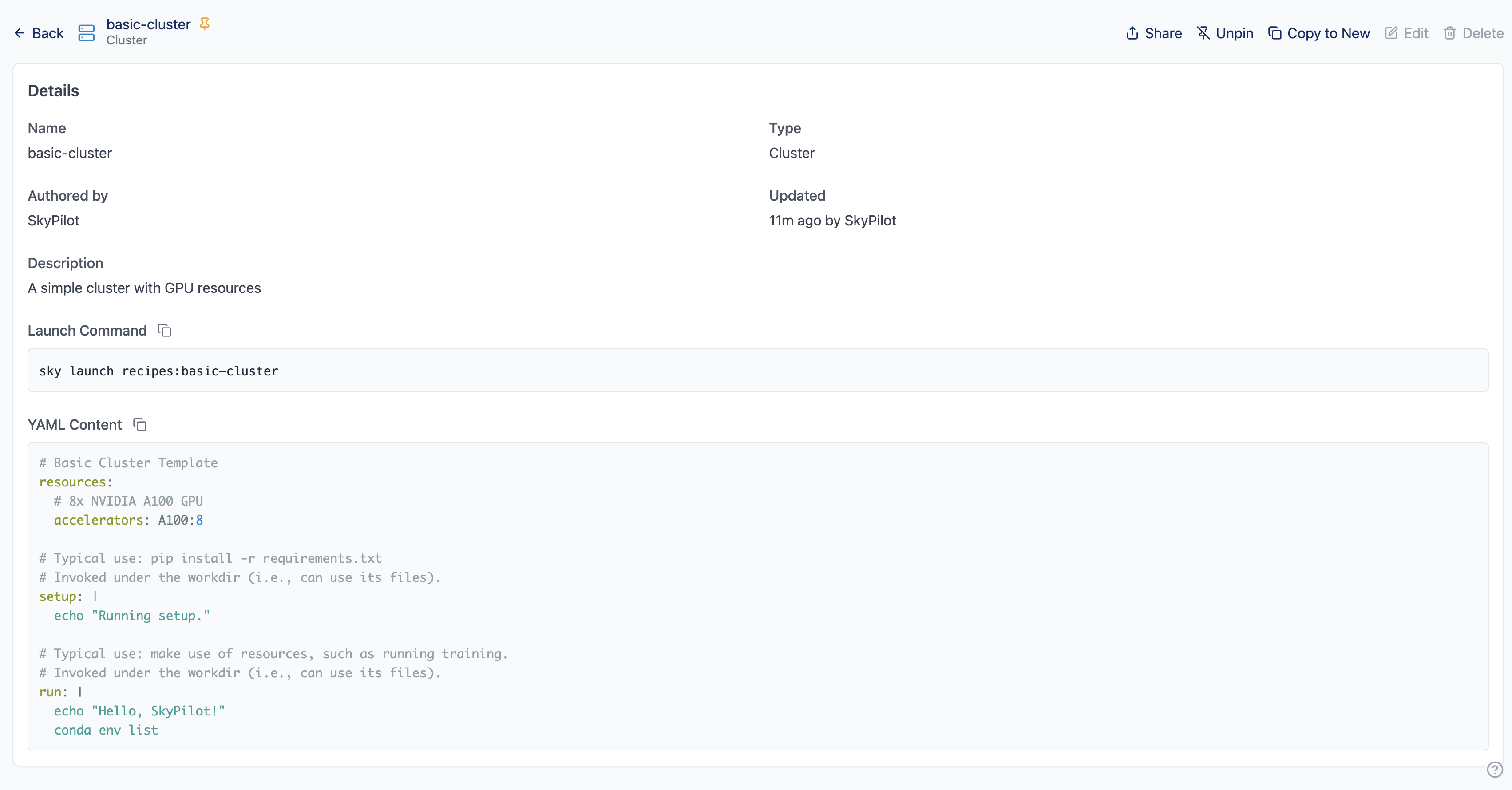 Recipe detail view showing YAML and launch command