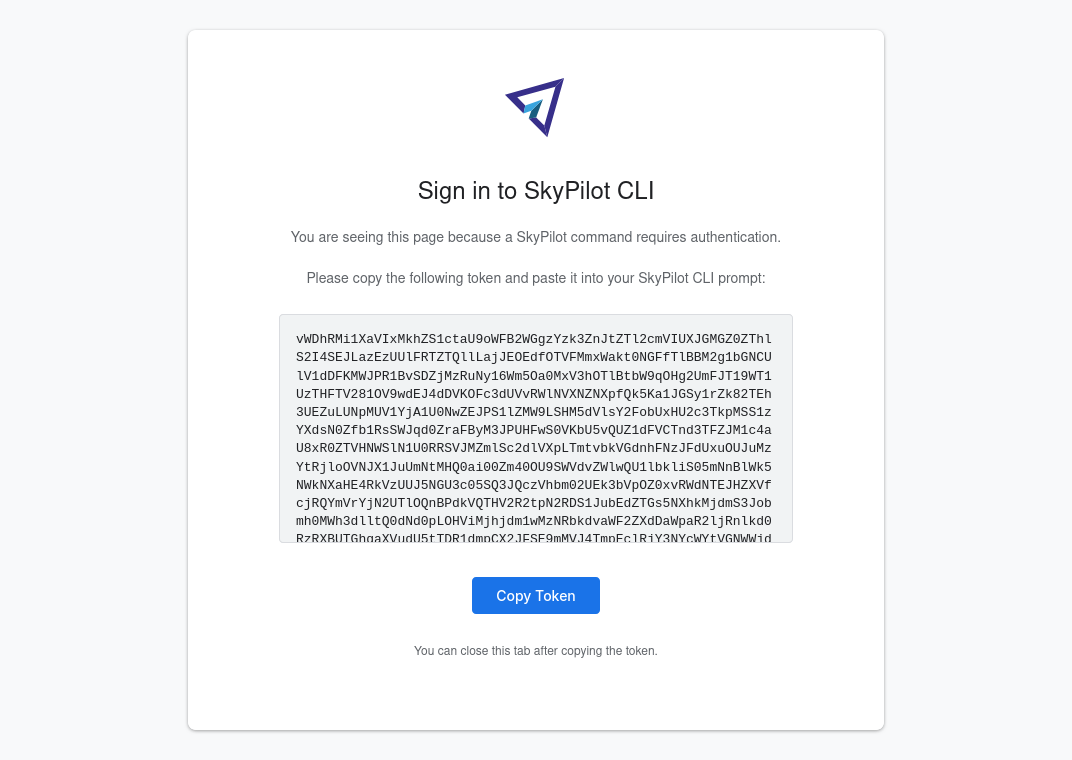 SkyPilot token page