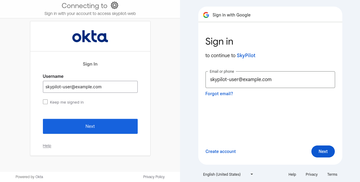 Okta and Google auth pages