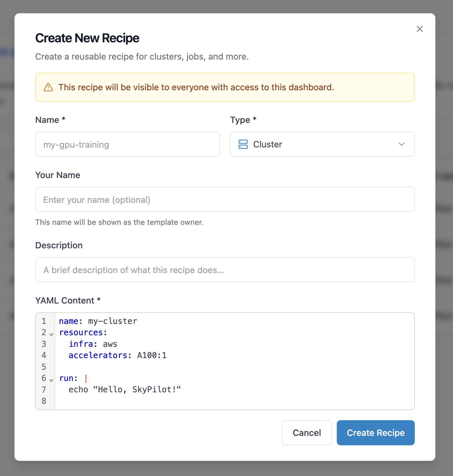 Create recipe form in the dashboard