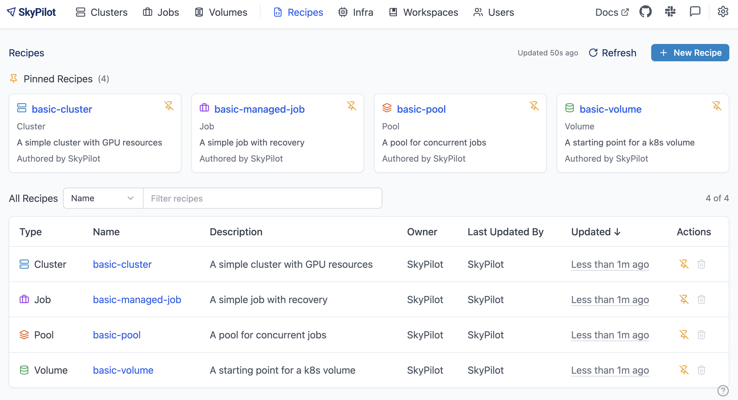 SkyPilot Recipes page in the dashboard