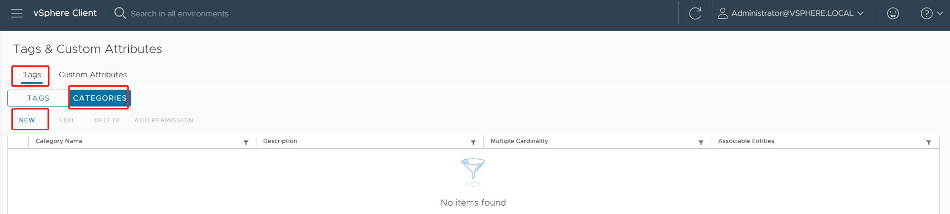 vSphere Catagory Creation Navigate New